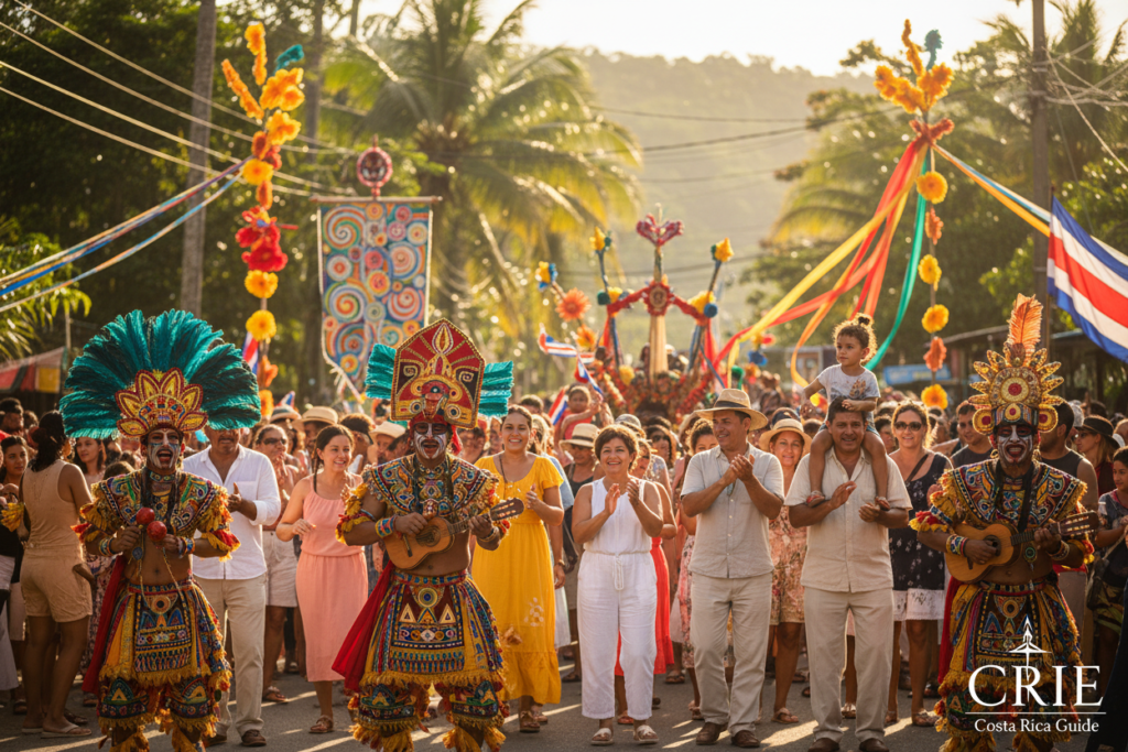 A vibrant celebration of Costa Rica's rich cultural festivals, showcasing a lively street parade in the foreground with performers dressed in colorful traditional costumes and masks. In the middle, a diverse crowd of joyful attendees, men and women in modest casual clothing, clapping and dancing to lively music, capturing the festive spirit. The background features lush greenery and colorful decorations that reflect the tropical environment, with banners and flags fluttering in the breeze. The lighting is bright and sunny, casting warm tones over the scene, enhancing the atmosphere of joy and celebration. The focus is sharp, with a shallow depth of field to isolate the festive activities while giving a hint of the beautiful Costa Rican landscape surrounding them. "CRIE Costa Rica Guide" subtly inspired by the spirit of discovery and community.