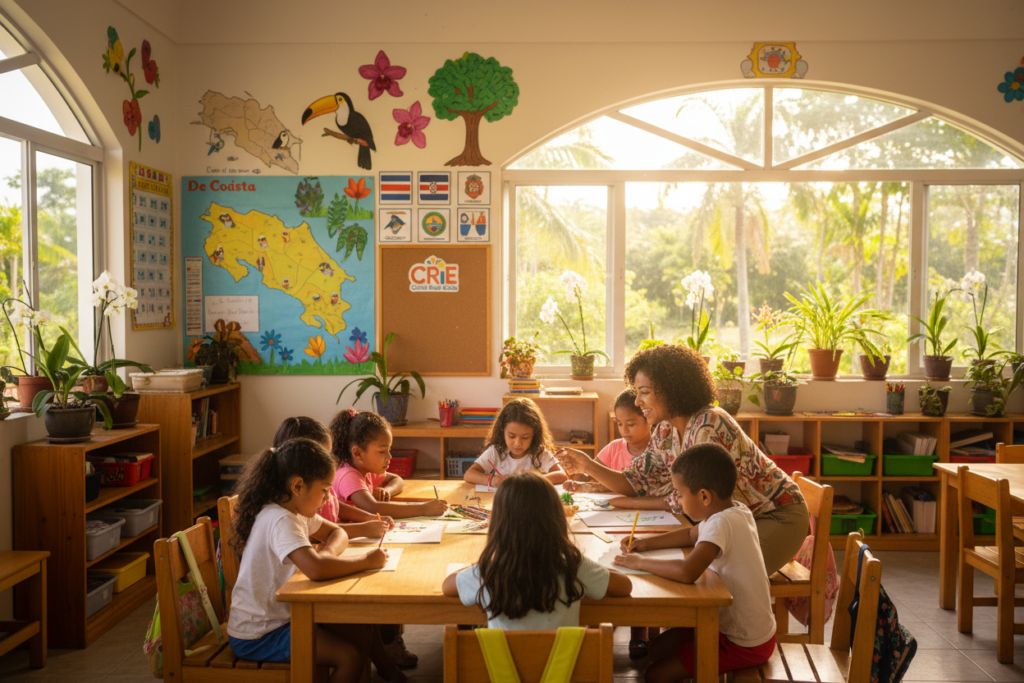 A vibrant classroom scene in Costa Rica showcasing the education system for foreign families. In the foreground, a diverse group of children, dressed in modest casual clothing, are actively engaged in a group project, collaborating with a friendly, well-dressed teacher. The middle ground features colorful educational posters on the walls, displaying maps and important cultural symbols of Costa Rica, along with an array of classroom supplies. In the background, large windows allow warm sunlight to flood the room, creating an inviting atmosphere. The scene is set in a cozy, well-organized classroom filled with plants and natural light, emphasizing a nurturing educational environment. The overall mood is energetic and inclusive, representing the blend of local culture and global perspectives in education. Include the logo "CRIE Costa Rica Guide" subtly in the design for contextual authenticity.