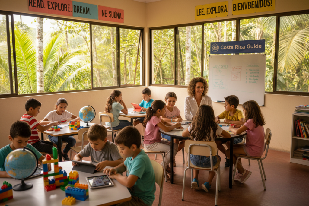 A vibrant classroom setting in a bilingual school in Costa Rica, showcasing American kids engaged in a variety of educational activities. The foreground features diverse children, aged 7-12, in modest casual clothing, interacting with colorful learning materials and digital devices. In the middle ground, a friendly teacher guides a group discussion, with educational posters on the walls and an inviting atmosphere. The background reveals large windows displaying lush tropical trees, allowing natural sunlight to illuminate the space. The image is captured at a slightly elevated angle to enhance depth, with warm, inviting lighting creating a lively and positive mood. The overall scene embodies the essence of education and cultural integration while prominently featuring the logo "CRIE Costa Rica Guide."