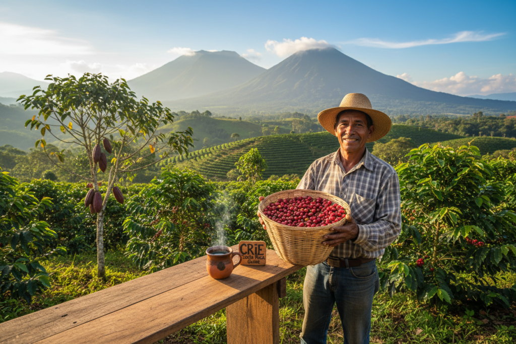 A vibrant coffee tour scene set in the lush green hills of Costa Rica, showcasing coffee bean farmers harvesting ripe cherries. In the foreground, a smiling farmer in modest casual clothing holds a basket brimming with freshly picked coffee cherries, while a steaming cup of rich coffee sits on a rustic wooden table beside him. The middle ground reveals rows of coffee plants stretching towards the horizon, basking in warm sunlight, with a few cacao trees subtly interspersed. In the background, volcanic mountains rise under a bright blue sky, enveloped in a gentle mist. Capture this picturesque moment using soft, natural lighting to enhance the warm, inviting atmosphere of the scene, promoting a sense of authenticity and cultural richness. Emphasize the essence of Costa Rican coffee culture while subtly including the brand name "CRIE Costa Rica Guide".
