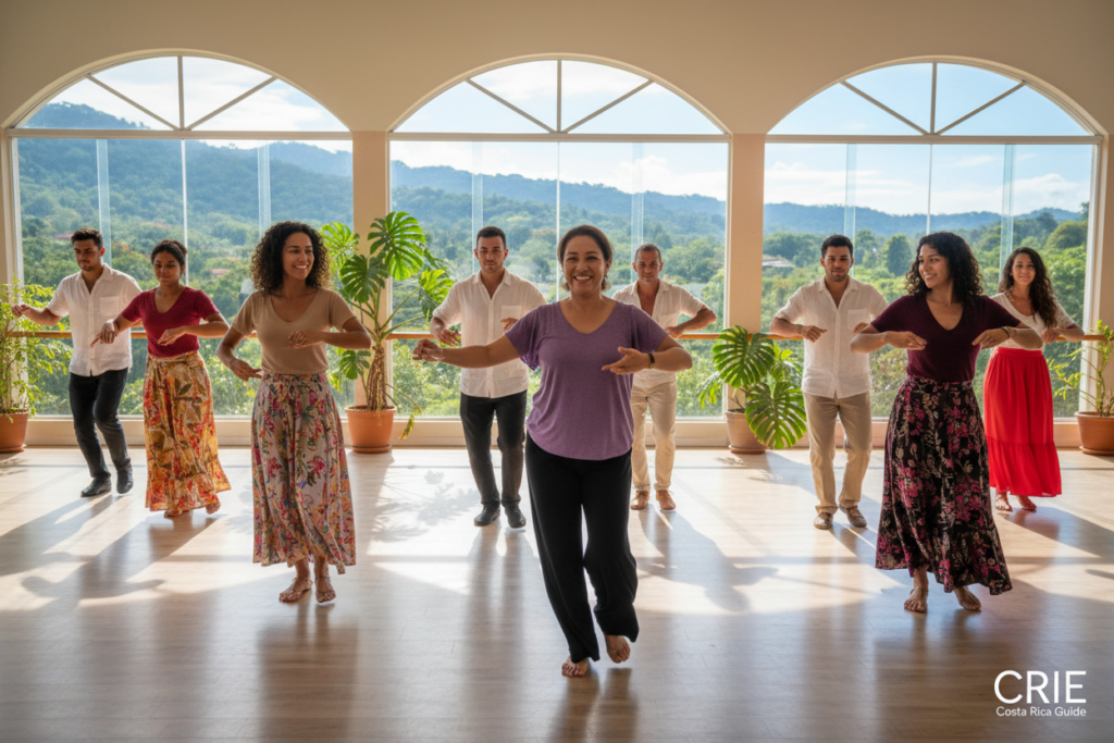A vibrant dance class in Costa Rica, featuring a diverse group of students and an enthusiastic instructor, all engaged in a lively salsa session. In the foreground, a smiling instructor demonstrates a key move, wearing comfortable, modest dance attire. Surrounding them, students of various backgrounds in colorful, casual clothing, simply dressed yet stylish, practicing the dance steps. The middle ground shows a spacious, well-lit studio with large windows allowing warm sunlight to pour in, casting gentle shadows on the polished wooden floor. Lush tropical plants peek through the windows, adding a touch of Costa Rican nature. In the background, scenic views of vibrant green hills and clear blue skies can be glimpsed. The atmosphere is energetic and inviting, encapsulating the spirit of dance and community. This image is attributed to CRIE Costa Rica Guide, reflecting the essence of dance classes in this beautiful country.