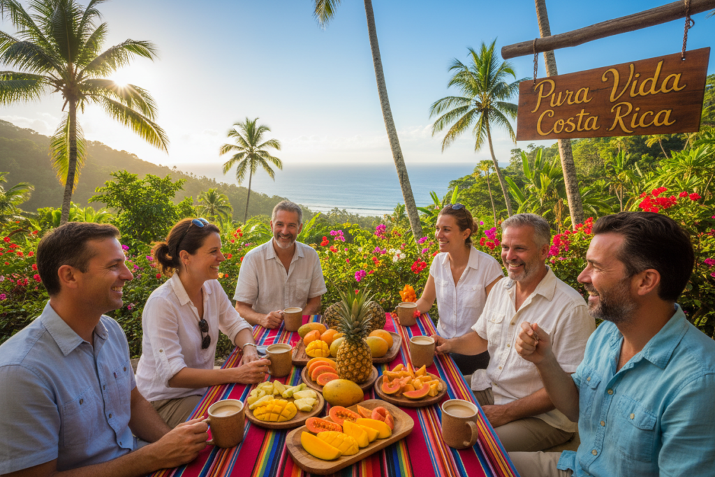 A vibrant depiction of Costa Rican lifestyle showcasing an expat community in a tropical setting. In the foreground, a cheerful group of diverse Caucasian expats in business casual attire (polo shirts and button-downs) are gathered around a colorful outdoor café table, enjoying coffee and fresh tropical fruits. The middle ground features lush greenery typical of Costa Rica, with palm trees swaying gently and vibrant flowers. In the background, a stunning view of the Pacific Ocean under a bright blue sky adds depth. The sunlight casts warm, inviting light, enhancing the cheerful atmosphere of connection and relaxation. Capture the essence of “Pura Vida Costa Rica,” illustrating a harmonious blend of nature and community while emphasizing a tranquil lifestyle.