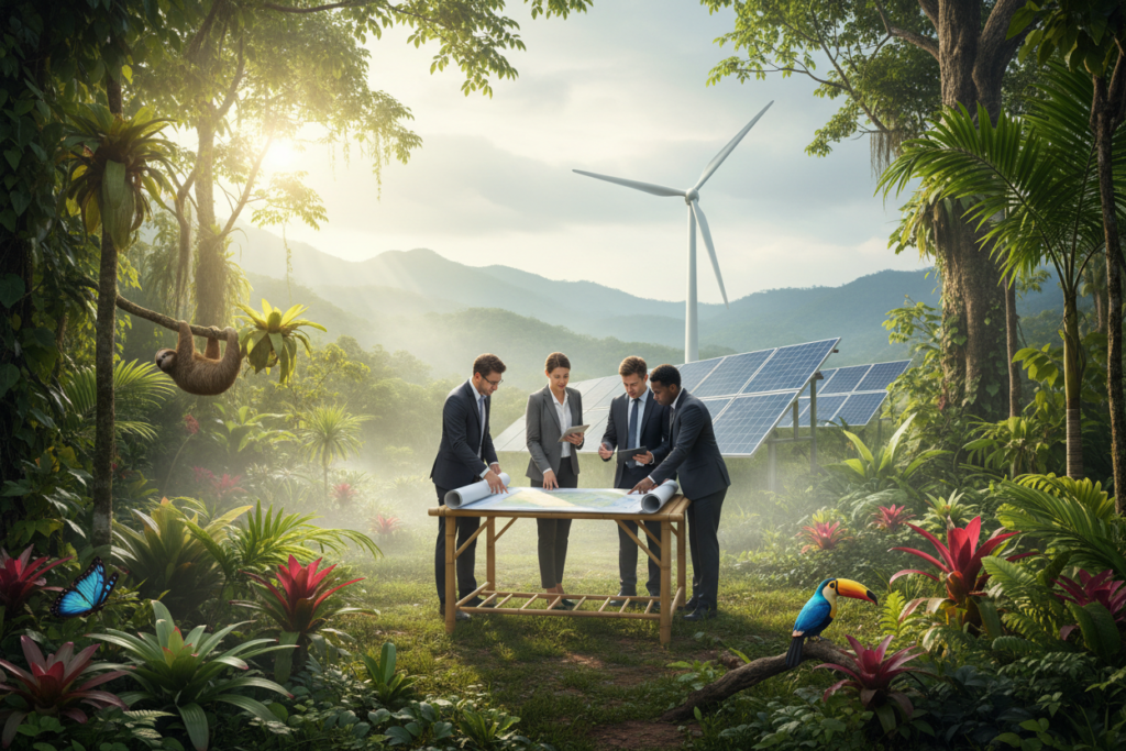 A vibrant depiction of Costa Rica's environmental policy landscape, showcasing a lush tropical rainforest in the foreground, filled with diverse flora and fauna. In the middle ground, a group of professionals in business attire engaged in a discussion, holding documents and maps, symbolizing collaboration on environmental regulations. In the background, the silhouette of a wind turbine and solar panels represents renewable energy initiatives. The lighting is bright and natural, evoking a sense of hope and sustainability, with sunlight filtering through the leaves onto the scene. The atmosphere is peaceful yet dynamic, capturing the essence of Costa Rica's commitment to environmental protection. This image should not contain any text, logos, or watermarks, and should reflect the informative nature of the "Costa Rica info guide".