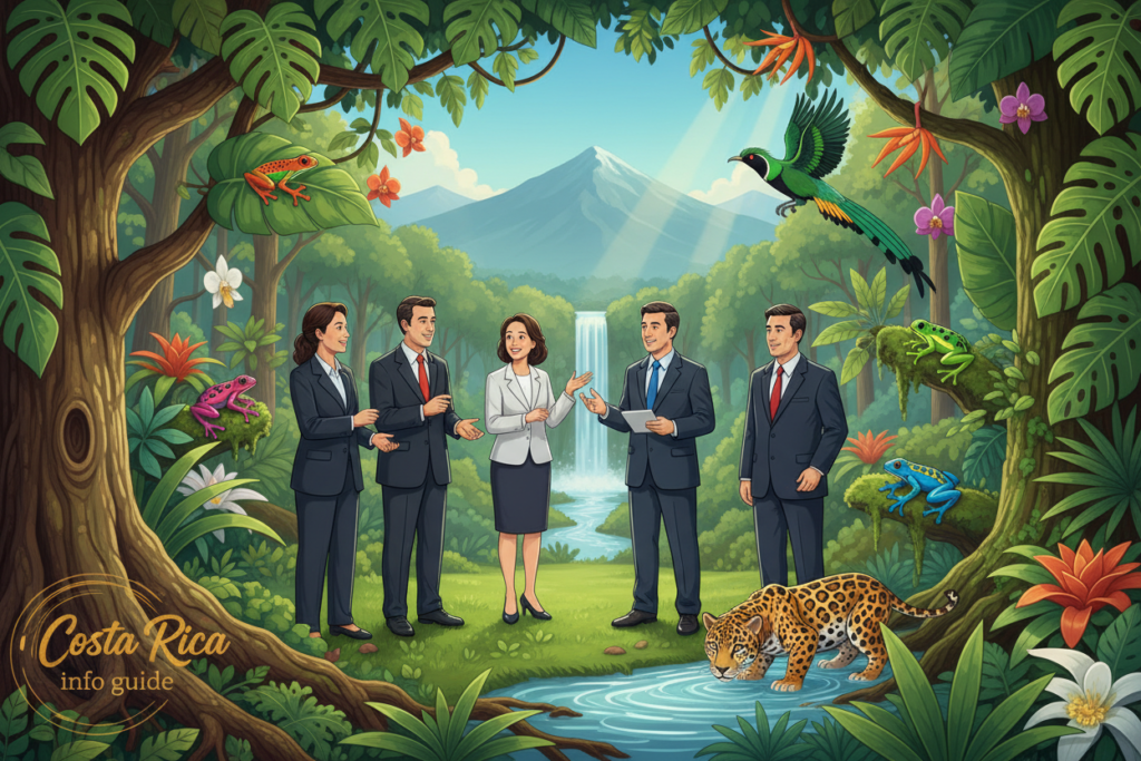 A vibrant illustration depicting the principles of biodiversity law in Costa Rica. In the foreground, a diverse group of professionals in professional business attire stands engaged in a discussion, surrounded by the lush greenery of Costa Rica's tropical rainforest, showcasing native flora and fauna. The middle layer features intricate details of endangered species, such as sloths and vibrant tree frogs, harmoniously coexisting in their natural habitat. The background displays a serene landscape with mountains and a clear blue sky, capturing the essence of Costa Rica's rich biodiversity. Soft, natural lighting filters through the trees, creating an inviting and hopeful atmosphere that emphasizes the importance of environmental protection. The brand name "Costa Rica info guide" subtly incorporated into the scene, without any text overlays or logos.