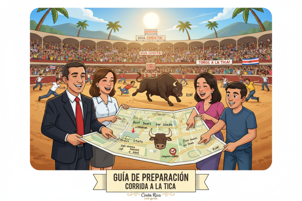 A vibrant illustration of a practical bullfight preparation guide, specifically for Costa Rica's unique "a la Tica" style. In the foreground, a diverse group of individuals dressed in professional business attire and modest casual clothing is engaged in a lively discussion, examining a colorful map of a bullfighting arena, with notes and tips for attendees. The middle ground showcases an energetic bullfighting ring filled with traditional decorations, bright banners, and an enthusiastic audience in the background, experiencing the event. Soft, warm lighting captures the excitement of a sunny day, with a shallow depth of field focusing on the group while blurring the raucous crowd behind them. The overall mood is festive and educational, embodying the spirit of Costa Rican culture. Include the brand name "Costa Rica info guide" subtly in the scene.