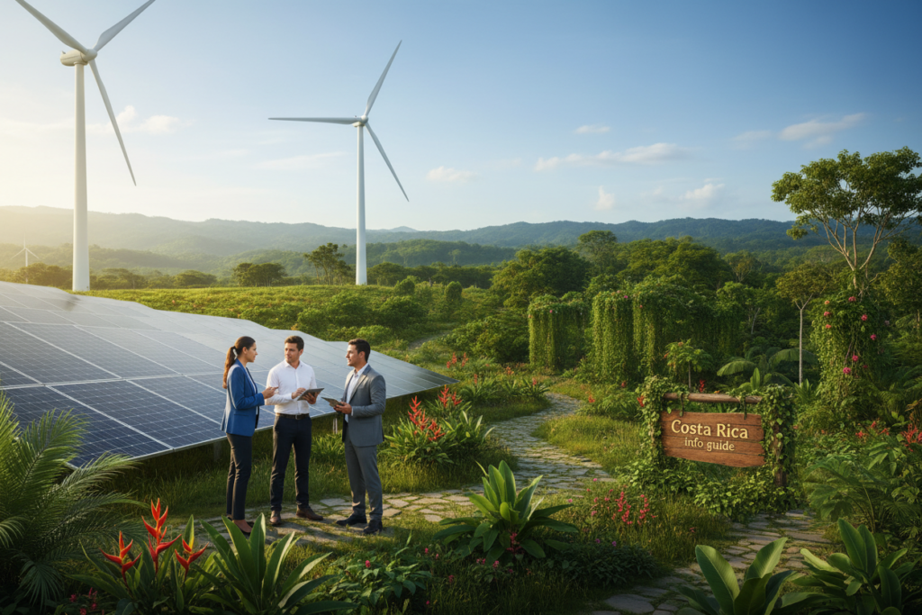 A vibrant landscape of Costa Rica showcasing renewable energy practices. In the foreground, a diverse group of three individuals in professional attire discuss renewable energy solutions, surrounded by solar panels and wind turbines. The middle ground blooms with lush tropical vegetation, symbolizing the country’s commitment to sustainability. In the background, rolling green hills and a clear blue sky underscore the natural beauty of Costa Rica. Soft sunlight bathes the scene, creating a warm and optimistic atmosphere. The image captures a moment of collaboration and innovation, reflecting the theme of sustainable practices and policies in renewable energy. The branding "Costa Rica info guide" subtly integrated into the environment.