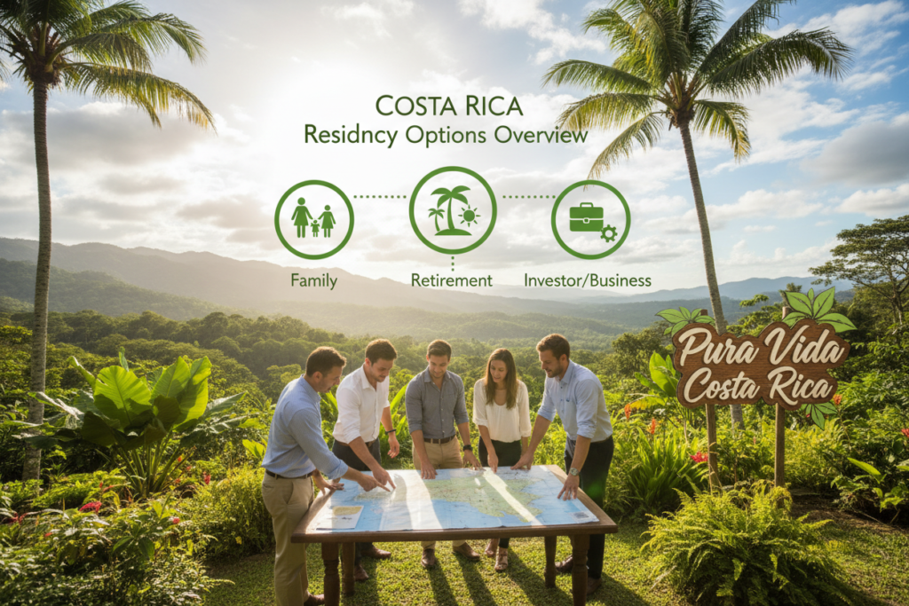 A vibrant outdoor scene illustrating the “Costa Rica Residency Options Overview.” In the foreground, a diverse group of Caucasian professionals dressed in business casual attire, including button-down shirts and polos, are engaged in a discussion around a large map of Costa Rica. They are surrounded by lush tropical plants and palm trees, showcasing the country’s natural beauty. In the middle ground, include an infographic style overlay displaying icons representing various residency options like a family image, a retirement symbol, and a business icon. The background features a picturesque view of Costa Rican landscapes, including mountains and a sunny sky. Use warm, inviting lighting to create an uplifting atmosphere. Integrate the brand name "Pura Vida Costa Rica" subtly into the scene, ensuring it harmonizes with the overall composition.