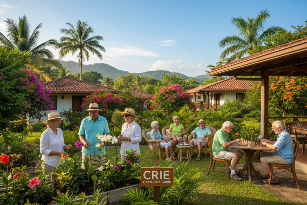 A vibrant retirement community in Costa Rica, showcasing a peaceful outdoor setting. In the foreground, a diverse group of retirees enjoying leisurely activities, dressed in comfortable, modest casual clothing, such as light shirts and shorts, are engaging in gardening, playing chess, and chatting on a porch. The middle ground features charming bungalow-style homes surrounded by lush tropical vegetation, with bright flowers and palm trees. The background reveals gentle hills under a clear blue sky, emphasizing the natural beauty of the area. Soft, warm sunlight bathes the scene, creating a relaxed and inviting atmosphere. The image conveys the essence of a healthy, active lifestyle, appealing to retirees seeking tranquility and community in their golden years. CRIE Costa Rica Guide.