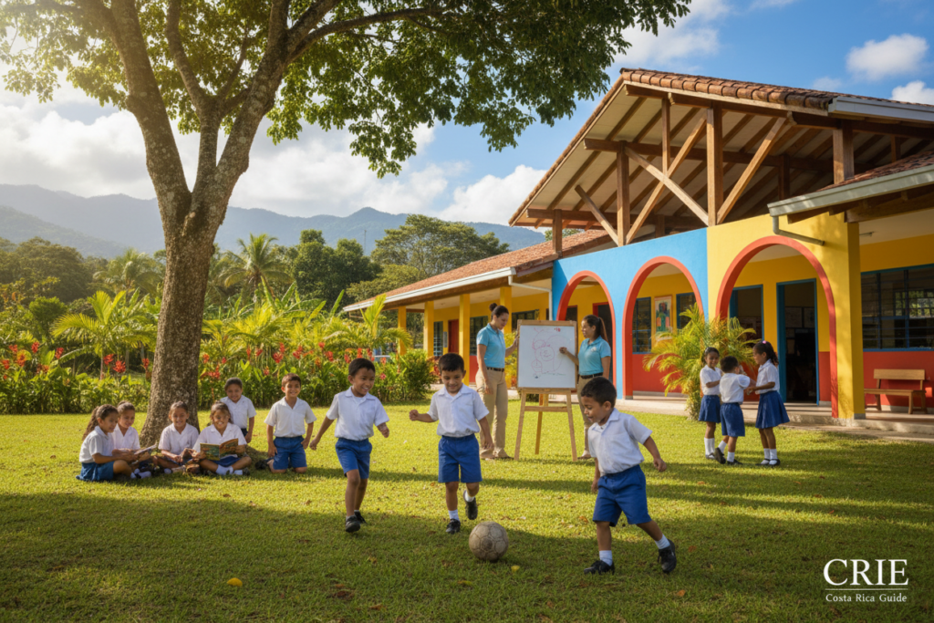 A vibrant scene capturing a public school in Costa Rica, showcasing a modern, colorful building with traditional Costa Rican architectural elements. In the foreground, a group of diverse children from various backgrounds, dressed in modest school uniforms, engaging in a cheerful outdoor activity, such as playing soccer or studying together under a tree. In the middle ground, teachers can be seen interacting with students, promoting a collaborative and warm atmosphere. The background features lush tropical greenery typical of Costa Rica, with distant mountains under a bright blue sky. The lighting is warm and inviting, suggesting a sunny day, with soft shadows creating depth. The overall mood is friendly and inviting, reflecting the educational environment. The image should be devoid of any text or logos, except for the brand name "CRIE Costa Rica Guide" subtly integrated into the lower corner.