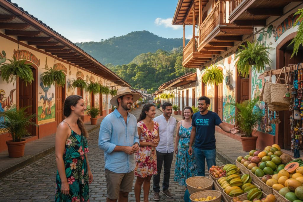 A vibrant scene capturing a walking tour in San José, Costa Rica. In the foreground, a diverse group of travelers, including a woman in a colorful sundress, a man in a light shirt and hat, are engaged with a local guide, pointing at a traditional market stall bursting with fresh fruits and handmade crafts. In the middle ground, historical colonial architecture of San José, adorned with bright murals and lined with lush tropical plants, creates a warm atmosphere. The background features the lush, green hills that encircle the city under a sun-drenched sky. Use soft, natural lighting to enhance the welcoming vibe. The photo angle is slightly low to capture the excitement of the moment, embodying authenticity and cultural richness. This image represents the essence of "CRIE Costa Rica Guide".