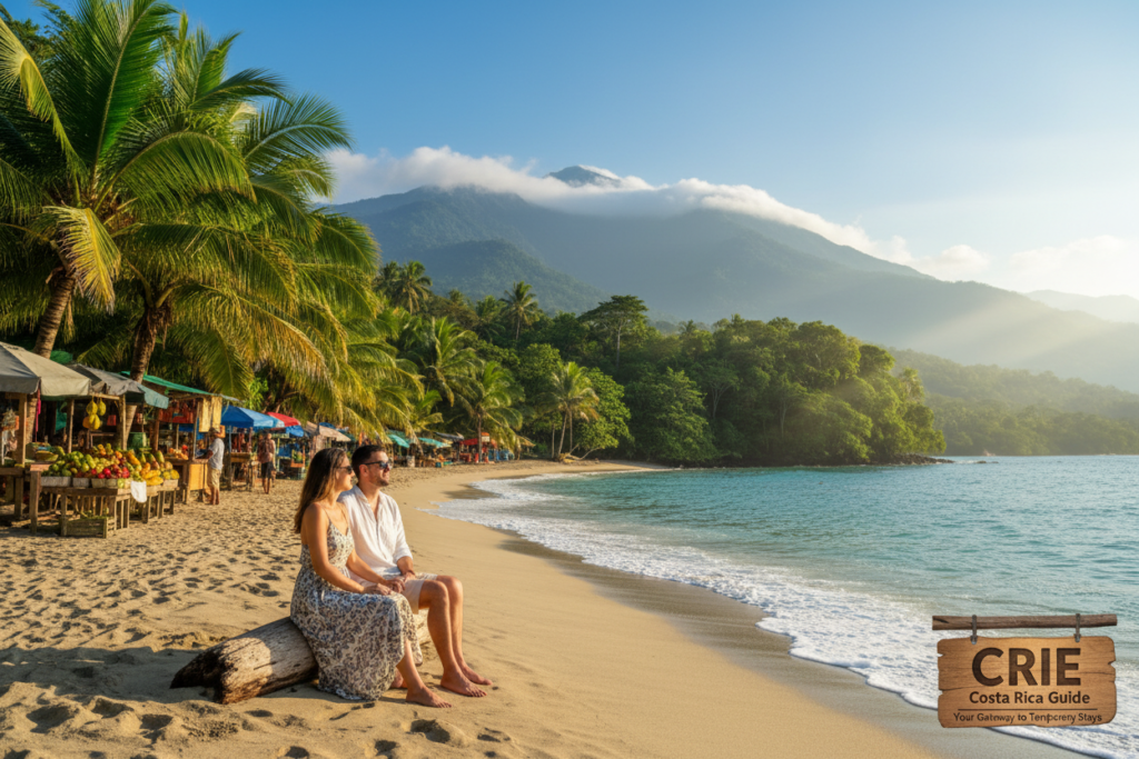 A vibrant scene capturing the diverse areas of Costa Rica, showcasing lush rainforests, stunning beaches, and picturesque mountains. In the foreground, depict a tranquil beach with mild waves lapping at the shore, and a couple in modest casual clothing enjoying the view. In the middle ground, illustrate verdant jungles filled with exotic plants and a glimpse of a bustling local market with friendly vendors. The background features iconic mountains under a clear blue sky with sunlight streaming through. Employ dramatic lighting to emphasize the tropical vibrancy and warmth of the setting. Use a wide-angle lens perspective to encapsulate the beauty and variety of Costa Rica's landscape. The overall mood should be inviting, serene, and focused on the allure of temporary stays in these popular areas as highlighted by "CRIE Costa Rica Guide."