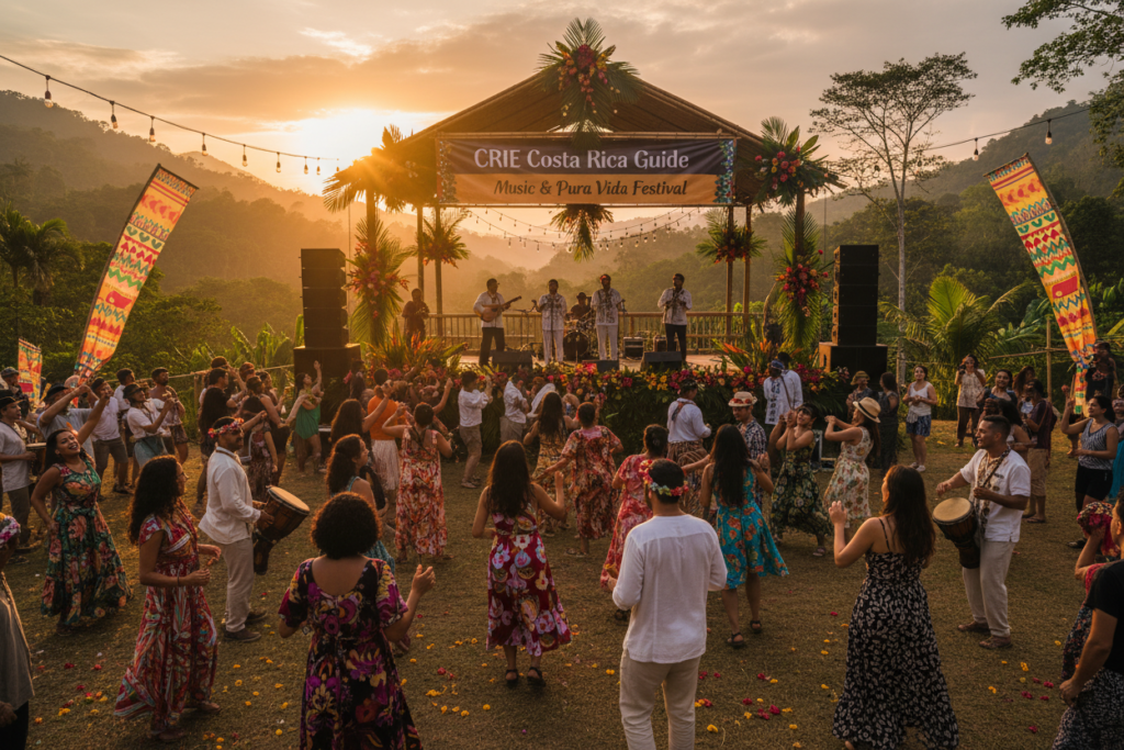 A vibrant scene capturing the essence of a Costa Rican music festival. In the foreground, a diverse group of people from various backgrounds, dressed in colorful, modest casual clothing, joyfully dancing and playing instruments such as guitars and drums. The middle layer showcases a lively stage adorned with tropical decorations, where local musicians passionately perform under warm, golden sunset lighting. The background features lush greenery typical of Costa Rica, with hints of festival banners fluttering in the gentle breeze. The atmosphere is filled with excitement and celebration, emphasizing community and cultural heritage. Shot with a wide-angle lens to capture the energy of the crowd, this image embodies the joy and spirit of Costa Rican music festivals, inspired by CRIE Costa Rica Guide.