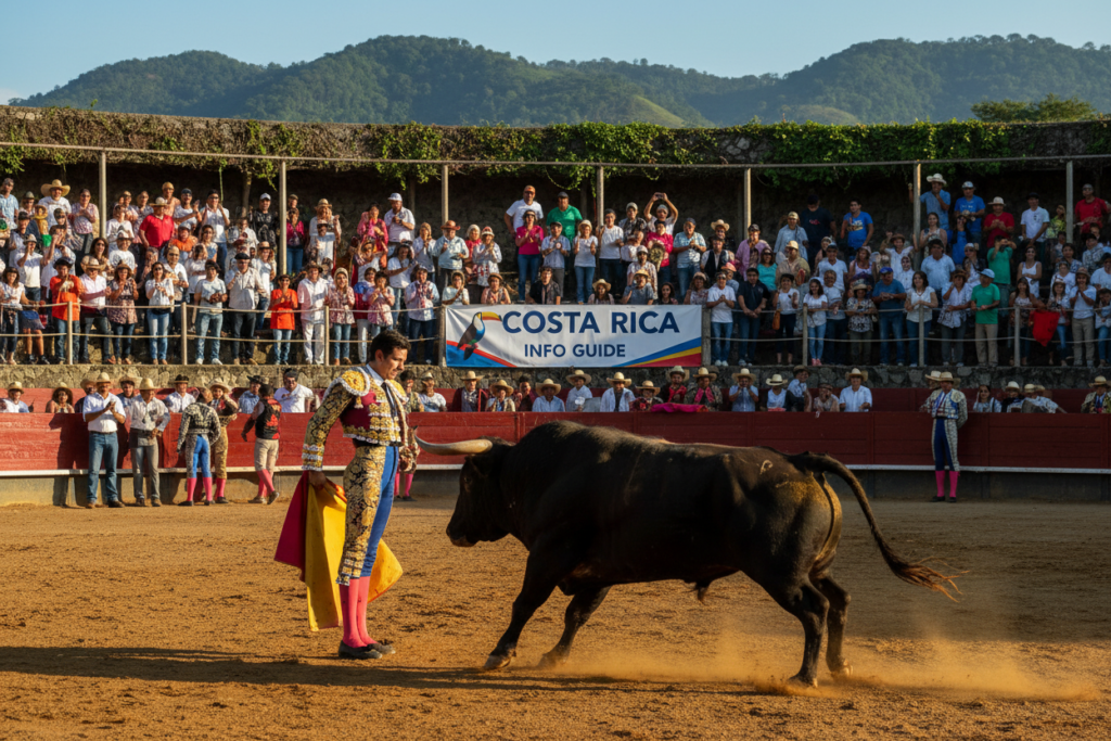 A vibrant scene depicting a Zapote arena bullfight in Costa Rica, showcasing the cultural roots of “a la Tica” bullfighting. In the foreground, a skilled matador in traditional attire, featuring vivid colors and intricate patterns, stands poised, displaying a confident expression. The middle ground features a striking bull, muscular and powerful, with a dynamic stance, embodying the spirit of the event. Surrounding them, a diverse crowd of enthusiastic spectators dressed in casual yet respectful attire, fully engaged in the moment. In the background, the arena's rustic architecture and lush greenery of Costa Rican hills create a picturesque setting bathed in warm sunlight, enhancing the lively atmosphere. The scene captures both historical richness and modern energy, reflecting a unique cultural tradition. Costa Rica info guide.