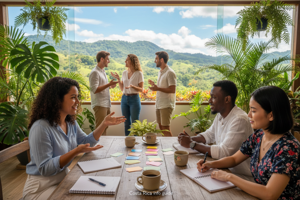 A vibrant scene depicting a group of diverse, professional individuals engaged in a dynamic language workshop in Costa Rica, highlighting effective methods for learning Costa Rican Spanish. In the foreground, a young woman wearing a smart-casual outfit animatedly explains Spanish phrases to a small group, all seated around a wooden table adorned with colorful flashcards, notebooks, and coffee mugs. In the middle ground, additional participants practice speaking with each other, surrounded by lush green tropical plants typical of Costa Rica. The background features a sunny window showcasing a scenic view of Costa Rican hills and vibrant flora, invoking a warm, inviting atmosphere. Soft, natural lighting filters through the window, creating a friendly, encouraging mood that fosters learning. At the bottom of the image, subtly integrated, is the text "Costa Rica info guide," enhancing the educational context without overpowering the scene.