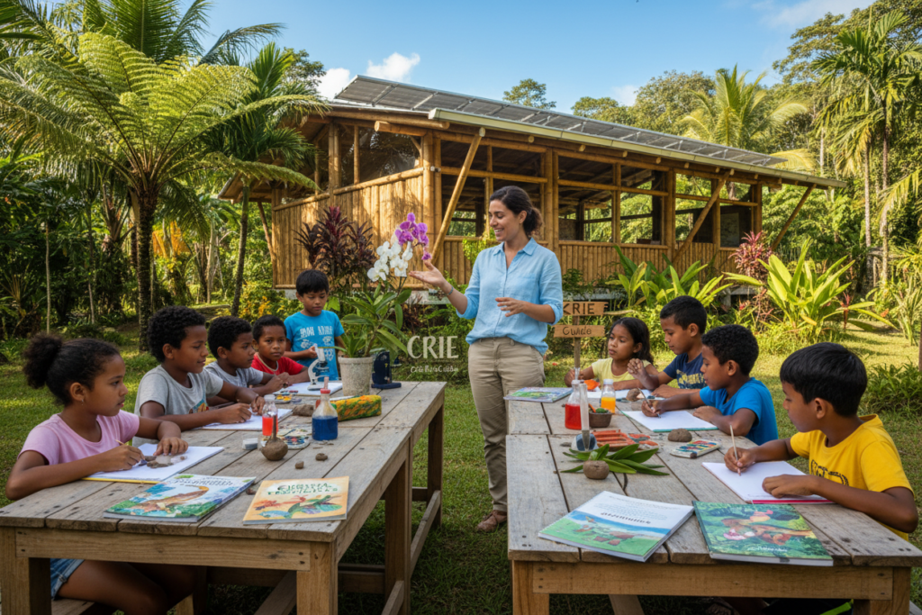 A vibrant scene depicting the Costa Rica education system, showcasing a diverse group of students engaged in a collaborative outdoor classroom setting. In the foreground, children of various ages and ethnicities are seated at wooden tables, studying subjects like science and the arts, with colorful textbooks and art supplies scattered around. The middle ground features a passionate teacher, dressed in smart casual attire, interacting with the students, illustrating a hands-on learning experience. In the background, lush greenery typical of Costa Rica surrounds a modern, eco-friendly school building, with clear blue skies reflecting the bright atmosphere of learning. Soft, natural lighting enhances the warm, inviting mood, accentuating the sense of community and inclusivity in education. No logos or watermarks are present. CRIE Costa Rica Guide.