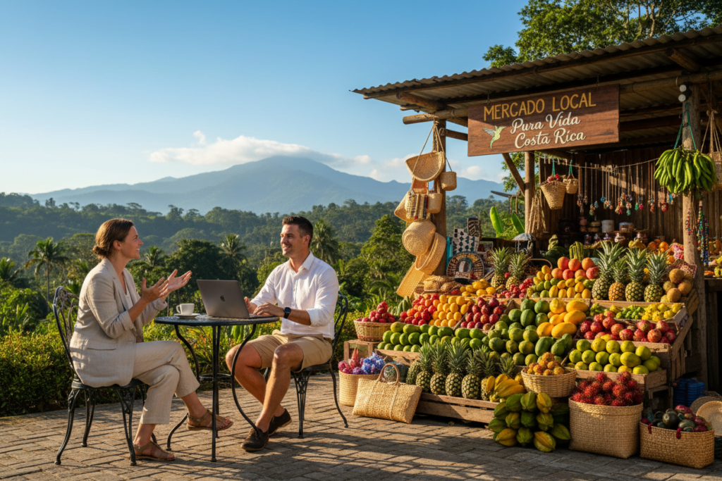 A vibrant scene depicting the cost of living in Costa Rica, focusing on expat life. In the foreground, a diverse group of two Caucasian individuals dressed in professional business casual attire, engaging in conversation while sitting at a small outdoor café table. The middle ground features a beautifully arranged market stall with fresh tropical fruits and local goods, showcasing the affordability and richness of Costa Rican culture. The background reveals lush greenery characteristic of Costa Rica, including palm trees and mountains under a clear sunny sky. Soft, warm lighting illuminates the scene, creating an inviting atmosphere. Include subtle branding elements of "Pura Vida Costa Rica" integrated into the market stall decor, conveying a sense of community and lifestyle. The image conveys optimism and a sense of home for expats.