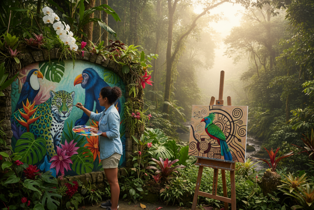 A vibrant scene depicting the essence of Costa Rican art intertwined with nature. In the foreground, a local artist in modest casual clothing paints a colorful mural inspired by tropical wildlife, surrounded by lush greenery and vivid flowers. In the middle ground, a wooden easel displays a canvas showcasing traditional Costa Rican motifs, like the quetzal bird and intricate patterns. The background reveals a breathtaking view of a rainforest, with dappled sunlight filtering through the leaves, casting an enchanting glow. Use soft, natural lighting to enhance the vibrant colors of the flora and the artist's palette. The overall mood is lively and creative, capturing the spirit of Costa Rican art. This image is carefully designed without any text, logos, or watermarks, reflecting the heart of local artistry, aligning with "CRIE Costa Rica Guide."