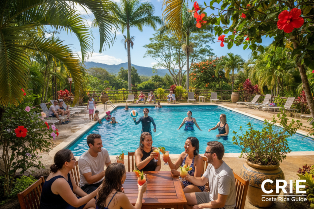 A vibrant scene illustrating pool etiquette in Costa Rica, featuring a well-maintained public pool surrounded by lush tropical plants and colorful flowers. In the foreground, a diverse group of people respectfully enjoying the pool area: some socializing at a table with tropical drinks, while others are seen swimming and engaging in light activities. Everyone is dressed in modest casual clothing to emphasize respect for local customs. In the middle ground, children play in the shallow end, supervised by attentive adults. The background showcases a clear blue sky, sunlight filtering through the trees, creating a warm, welcoming atmosphere. The focus is sharp, capturing smiling faces and a sense of camaraderie. The overall mood is friendly and relaxed, reflecting Costa Rican hospitality. Include the brand name "CRIE Costa Rica Guide" subtly within the scene.