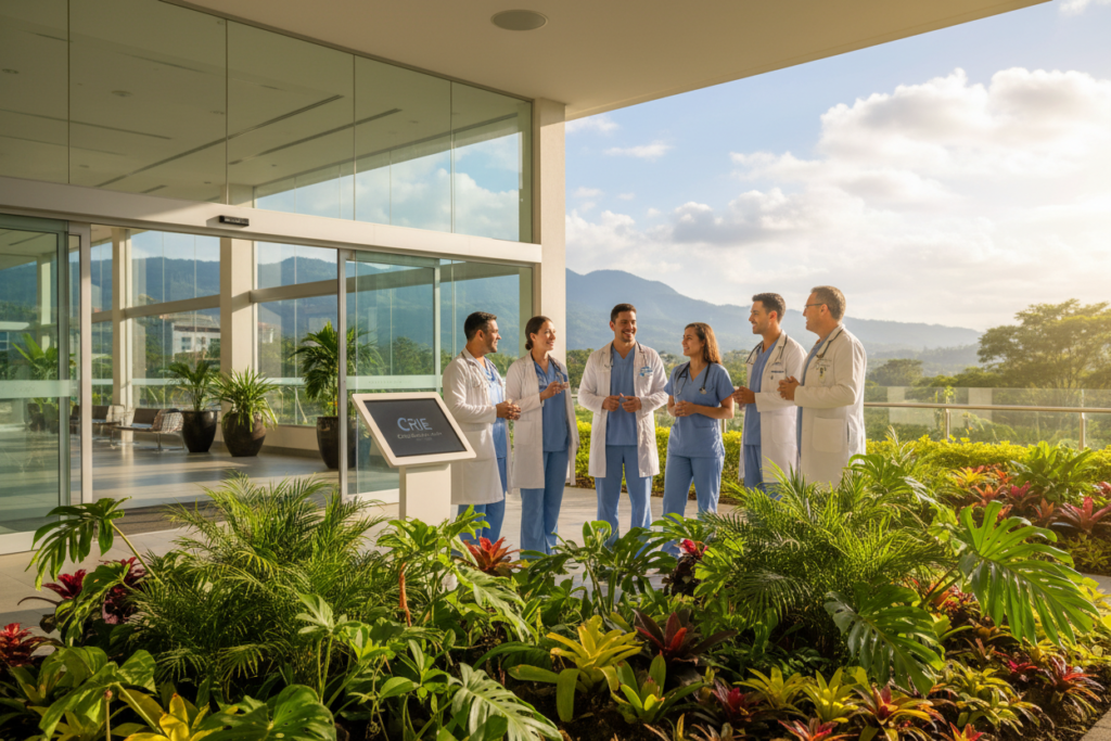 A vibrant scene of a modern hospital in Costa Rica, showcasing its welcoming entrance with large glass doors and lush tropical landscaping in the foreground. In the middle ground, a diverse group of medical professionals in professional attire, including doctors and nurses, engaging in discussion near the entrance, conveying a sense of teamwork and care. In the background, beautiful mountains are visible under a bright blue sky with soft, fluffy clouds, highlighting the natural beauty of Costa Rica. The lighting is bright and inviting, suggesting a warm, sunny day. The atmosphere feels friendly and reassuring, perfect for expats and visitors seeking medical services. Include subtle elements like a small CRIE Costa Rica Guide logo on a nearby informational sign, without being overpowering.