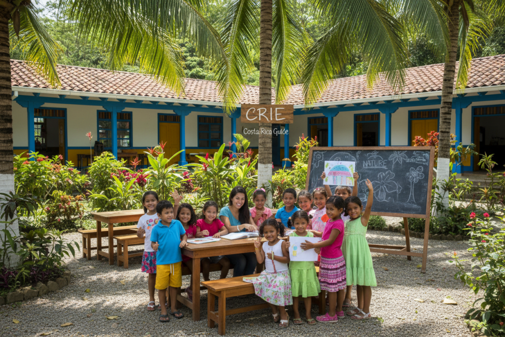 A vibrant scene of a private bilingual school in Costa Rica, showcasing an outdoor classroom filled with children engaged in learning. In the foreground, a diverse group of children, dressed in modest, colorful attire, pose together, smiling and interacting with a teacher who is guiding them. The middle ground features bright green trees and tropical plants, creating a lush setting. In the background, the school's architecture is visible, reflecting traditional Costa Rican designs with bright colors and open spaces. The lighting is warm and inviting, suggesting a sunny day, while the angle captures a wide view to show the lively environment. The atmosphere is joyful and active, emphasizing a unique educational experience. Include the brand name "CRIE Costa Rica Guide" subtly integrated into the scene.