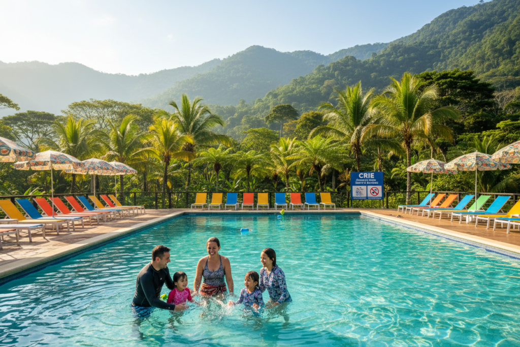 A vibrant scene of a public pool in Costa Rica, showcasing crystal-clear water surrounded by lush tropical foliage. In the foreground, a family enjoys the sunny day, depicted in modest casual clothing, laughing and splashing water playfully. The middle ground features colorful poolside loungers and umbrellas, inviting relaxation. In the background, picturesque mountains rise under a bright blue sky, emphasizing the natural beauty of Costa Rica. Soft sunlight filters through the trees, casting playful shadows on the deck. The overall mood is joyful and tranquil, capturing a sense of leisure and community. The image should reflect a sense of safety and etiquette at public swimming facilities, making it ideal for a guide. CRIE Costa Rica Guide.