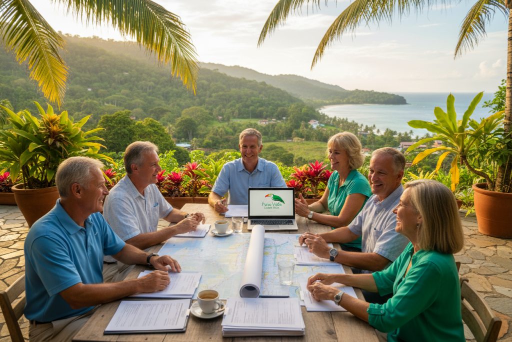 A vibrant scene representing the essentials for obtaining residency in Costa Rica. In the foreground, a diverse group of US expats, dressed in professional business casual attire (polos and button-down shirts), engaging in a friendly discussion around a table adorned with maps, residency application documents, and a laptop displaying the "Pura Vida Costa Rica" logo. In the middle ground, tropical plants and a sunny outdoor terrace create a welcoming atmosphere. The background features picturesque coastal scenery with lush greenery and a hint of the ocean, indicative of Costa Rica's natural beauty. Soft, warm sunlight filters through the leaves, creating a relaxed and hopeful mood, ideal for retirees beginning their new life. Camera angle at eye level, capturing the essence of community and shared experience.