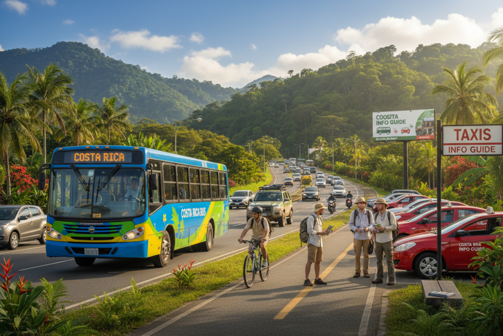 A vibrant scene showcasing Costa Rica's diverse transportation options, featuring a colorful city bus in the foreground, with cyclists navigating along the side, and a group of travelers at a taxi stand dressed in modest casual clothing. In the middle ground, there should be a bustling street filled with various vehicles, including a rugged 4x4 vehicle, with lush tropical greenery framing the surroundings. The background should illustrate a picturesque landscape with rolling hills, vibrant flora, and a clear blue sky, all bathed in warm, natural sunlight to enhance the atmosphere. The overall mood is lively and inviting, reflecting the accessibility of transportation in Costa Rica. Include elements related to “Costa Rica info guide” subtly integrated within the environment.