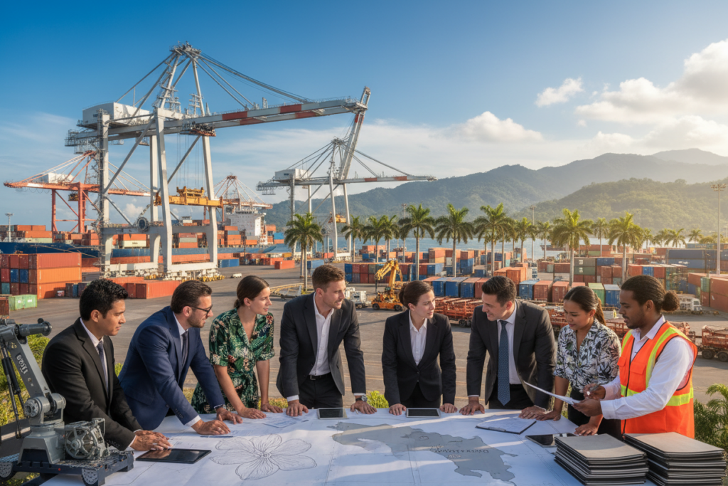 A vibrant scene showcasing Costa Rica's trade growth, featuring a bustling port with container ships being loaded and unloaded. In the foreground, a diverse group of professionals in business attire examines shipment documents and equipment, reflecting a collaborative environment. The middle ground highlights cranes in action against the backdrop of palm trees and a bright blue sky, symbolizing economic activity. The background features lush green mountains, emphasizing Costa Rica's natural beauty intertwined with its commerce. Soft natural lighting illuminates the scene, creating an optimistic atmosphere. Shot from a slightly elevated angle to capture the dynamic interplay of trade and nature. Include elements that subtly reference the Costa Rica info guide in a harmonious way without logos or text overlays.