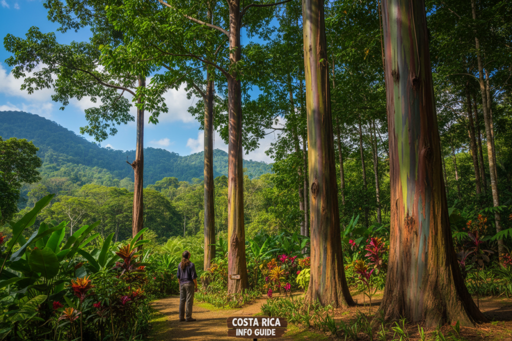 A vibrant scene showcasing rainbow eucalyptus trees in a lush Costa Rican landscape. In the foreground, several colorful rainbow eucalyptus trees with their distinctive peeling bark, displaying shades of green, blue, and orange. In the middle ground, a well-maintained path winds through tropical foliage, inviting exploration. Bright, warm sunlight filters through the leaves above, casting playful shadows on the ground. In the background, the rolling hills of Costa Rica appear under a clear blue sky with a few fluffy white clouds. The atmosphere feels serene and tropical, emphasizing the beauty of nature. Include a silhouette of a person in modest casual clothing, standing near the path, admiring the trees. Overall, evoke a sense of wonder and appreciation for the natural beauty. Costa Rica info guide.