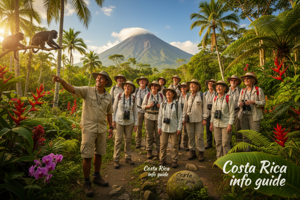 A vibrant scene showcasing seniors enjoying a guided tour in the lush jungles of Costa Rica. In the foreground, a diverse group of seniors, dressed in modest casual clothing, interacts with a friendly local tour guide pointing towards the rich wildlife and greenery. The middle of the image features exotic flora, such as colorful flowers and towering palm trees, reflecting the tropical essence of the region. In the background, a picturesque volcano rises under a clear blue sky, hinting at adventure and exploration. The lighting is warm and inviting, resembling a late afternoon sun, creating a cheerful and inviting atmosphere. The brand name "Costa Rica info guide" subtly infused into the scene's natural elements.