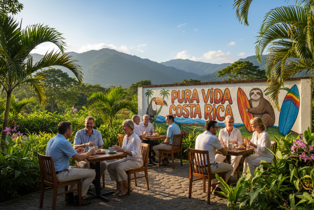 A vibrant scene showcasing the idyllic lifestyle of expats in Costa Rica. In the foreground, a diverse group of Caucasian professionals in smart casual clothing (polo shirts and button-downs) are engaged in a lively discussion over coffee at a charming outdoor café surrounded by lush tropical flora. The middle ground features a colorful mural that reads "Pura Vida Costa Rica," symbolizing the laid-back atmosphere. In the background, picturesque mountains and clear blue skies enhance the serene vibe. The warm lighting captures the essence of a sunny day, with soft shadows creating depth. The overall mood is upbeat and inviting, reflecting the key advantages of living in Costa Rica, such as community, nature, and a relaxed lifestyle.