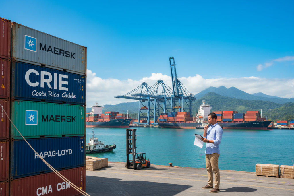 A vibrant seaport scene in Costa Rica showcasing a diverse range of shipping containers, prominently featuring brands commonly used by Americans. In the foreground, a professional business person in modest casual attire is examining shipping documents. The middle ground displays cargo ships loading/unloading containers, some marked with company logos, under clear blue skies. In the background, lush green hills typical of Costa Rica rise, hinting at the natural beauty of the region. The lighting is bright and natural, capturing the bustling atmosphere of a busy port. The overall mood is industrious and optimistic, reflecting the logistics and commerce between the U.S. and Costa Rica. Include the text "CRIE Costa Rica Guide" subtly integrated into the scene without overpowering the image. A vibrant seaport scene in Costa Rica showcasing a diverse range of shipping containers, prominently featuring brands commonly used by Americans. In the foreground, a professional business person in modest casual attire is examining shipping documents. The middle ground displays cargo ships loading/unloading containers, some marked with company logos, under clear blue skies. In the background, lush green hills typical of Costa Rica rise, hinting at the natural beauty of the region. The lighting is bright and natural, capturing the bustling atmosphere of a busy port. The overall mood is industrious and optimistic, reflecting the logistics and commerce between the U.S. and Costa Rica. Include the text "CRIE Costa Rica Guide" subtly integrated into the scene without overpowering the image.