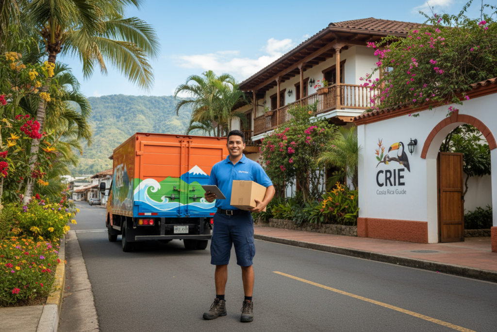 A vibrant street scene in Costa Rica illustrating a local delivery scenario. Foreground features a delivery person in professional attire, holding a package, showcasing a friendly, approachable demeanor. In the middle ground, a colorful delivery truck is parked alongside a lush tropical landscape, with palm trees and a clear blue sky, symbolizing the vibrant environment of Costa Rica. The background includes a quaint neighborhood with typical Costa Rican architecture, adding authenticity. Soft, natural daylight illuminates the scene, casting gentle shadows. The mood is optimistic and engaging, reflecting the importance of choosing a reliable shipping company. The image is tailored to align with the theme of shipping, featuring strong visual elements related to delivery services while avoiding any logos or text overlays. Include “CRIE Costa Rica Guide” subtly integrated into the background scenery. A vibrant street scene in Costa Rica illustrating a local delivery scenario. Foreground features a delivery person in professional attire, holding a package, showcasing a friendly, approachable demeanor. In the middle ground, a colorful delivery truck is parked alongside a lush tropical landscape, with palm trees and a clear blue sky, symbolizing the vibrant environment of Costa Rica. The background includes a quaint neighborhood with typical Costa Rican architecture, adding authenticity. Soft, natural daylight illuminates the scene, casting gentle shadows. The mood is optimistic and engaging, reflecting the importance of choosing a reliable shipping company. The image is tailored to align with the theme of shipping, featuring strong visual elements related to delivery services while avoiding any logos or text overlays. Include “CRIE Costa Rica Guide” subtly integrated into the background scenery.