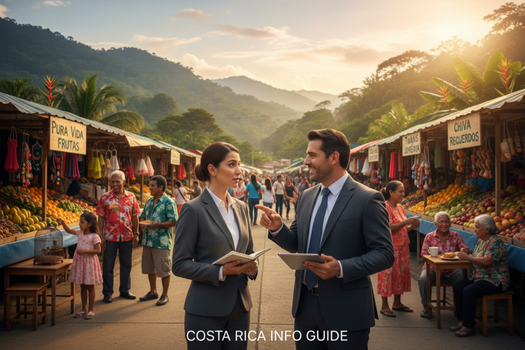 A vibrant street scene in Costa Rica, showcasing a diverse group of individuals representing the regional language differences across various areas. In the foreground, two people in professional business attire are engaged in a lively discussion, one displaying an expression of curiosity while the other gestures emphasizing a point. The middle ground features colorful market stalls with signs in different local dialects, while locals interact nearby with warmth and friendliness. The background presents a lush Costa Rican landscape, with rolling hills and iconic flora, under the soft, golden glow of late afternoon sunlight. The atmosphere captures the essence of community and communication, highlighting the richness of Costa Rica’s linguistic diversity. The scene showcases a harmonious blend of cultures and languages, emphasizing the exploration of language barriers in various regions. Costa Rica info guide.