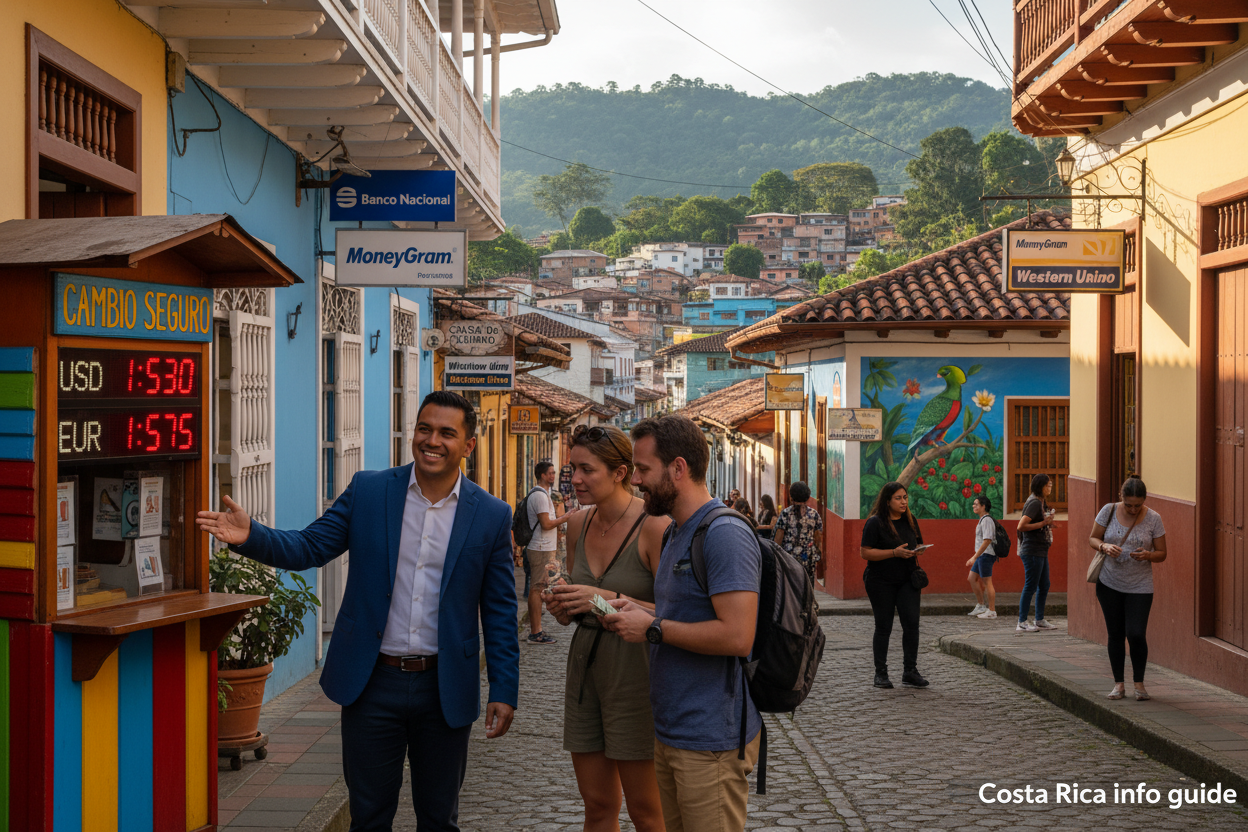 Street scene in Costa Rica showcasing the best locations for currency exchange