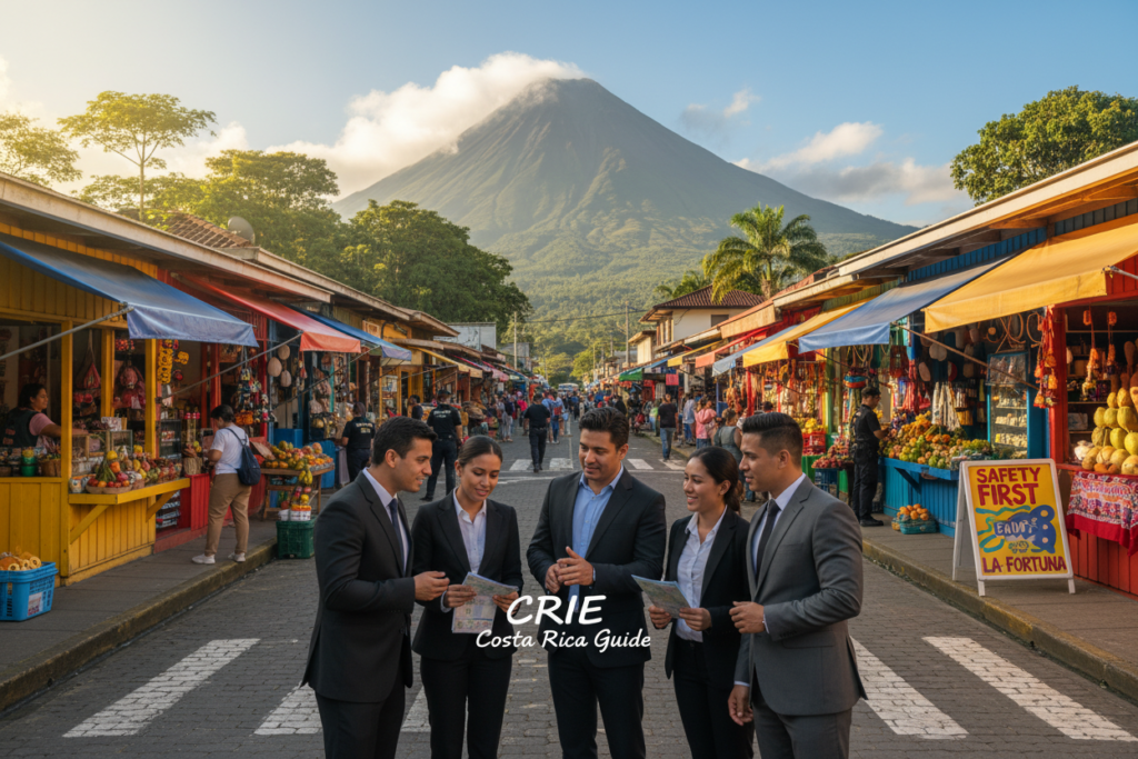A vibrant street scene in La Fortuna, Costa Rica, illustrating safety measures for tourists. In the foreground, a diverse group of individuals dressed in professional business attire, actively discussing safety tips while observing their surroundings, emphasizing a sense of community and vigilance. The middle ground features a quaint street lined with colorful local shops and outdoor markets, bustling with tourists and locals, creating an inviting atmosphere. In the background, lush greenery and the iconic Arenal Volcano emerge under a bright blue sky, signifying the beauty of the locale. The lighting is warm and inviting, capturing the essence of a sunny day. The overall mood is friendly yet alert, underscoring the importance of street smarts. The image should reflect the brand "CRIE Costa Rica Guide" without any logos or watermarks.