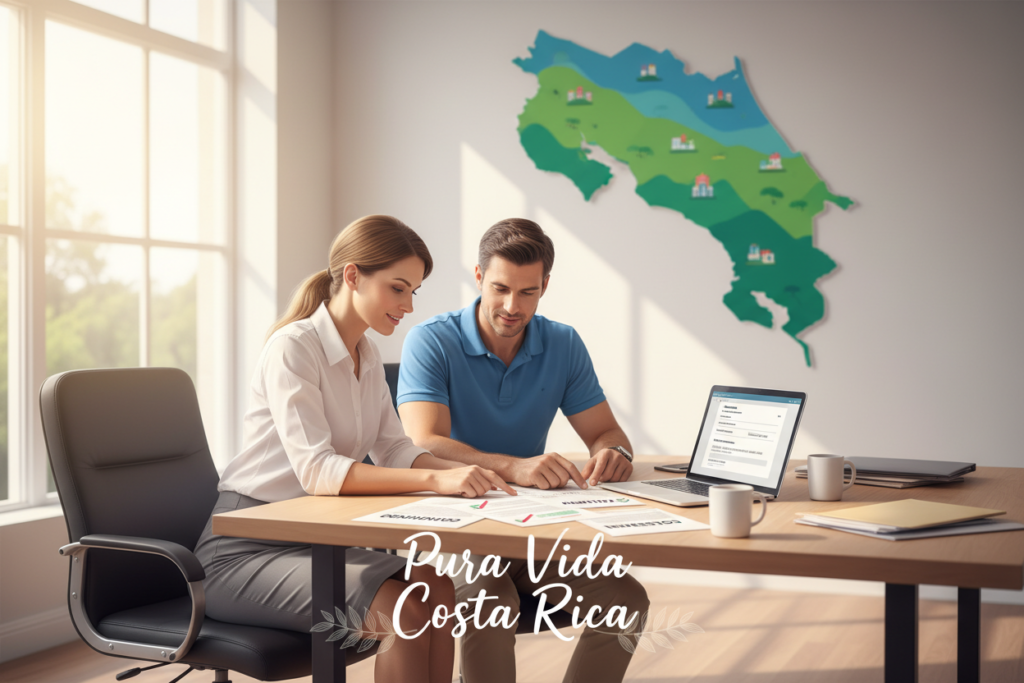 A visually engaging illustration of Costa Rica residency eligibility criteria, featuring a serene office environment with a large map of Costa Rica in the background. In the foreground, a professional Caucasian couple wearing smart business casual attire (polo and button-down shirts) are discussing documents related to residency options. The middle ground includes a desk cluttered with papers and a laptop displaying forms, emphasizing a productive atmosphere. Soft natural lighting from a window creates a warm and inviting feel, while the lens captures a slight depth of field to draw attention to the couple. Integrate the brand name "Pura Vida Costa Rica" subtly along the bottom edge of the image. The overall mood should convey professionalism and positivity, connecting the idea of moving to a vibrant, beautiful country.