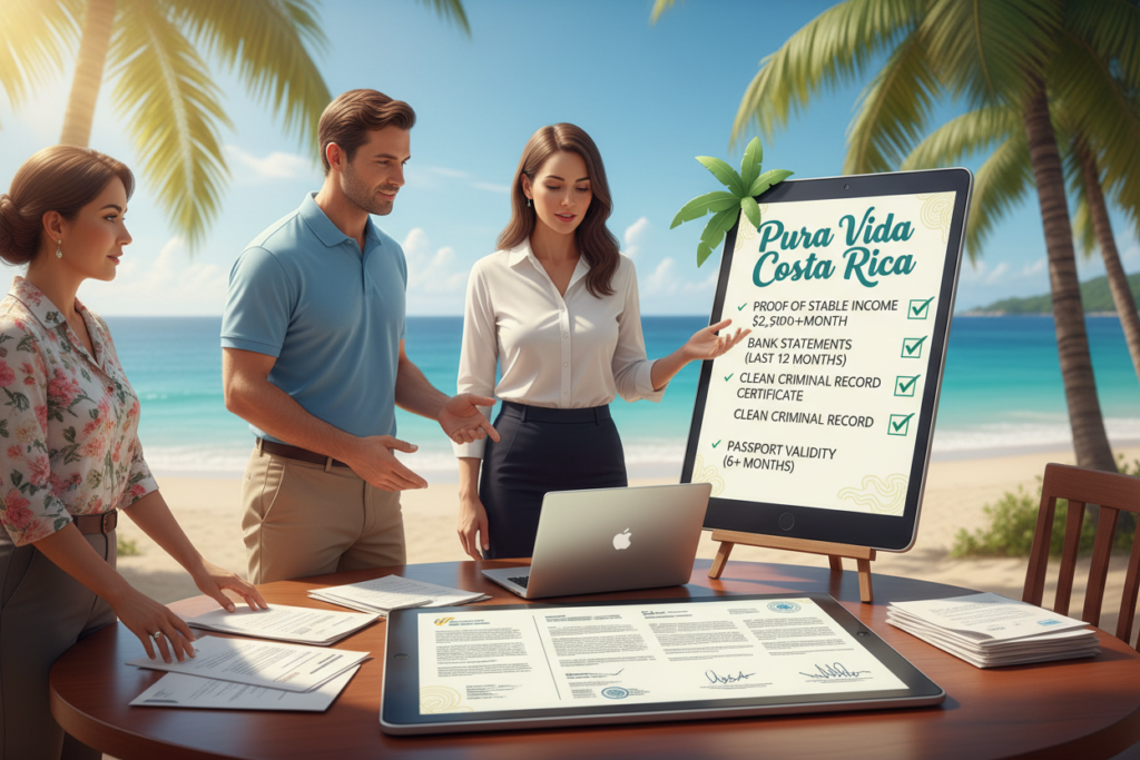 A visually engaging illustration of the qualification requirements for the Costa Rica Rentista visa. In the foreground, depict a diverse group of three individuals, a Caucasian male and female in business casual attire (polo and button-down shirts), and a Hispanic woman, gathering around a table filled with documents and a laptop. In the middle, showcase a well-organized checklist highlighting key qualification criteria, such as proof of stable income, bank statements, and a clean criminal record, all under the brand name "Pura Vida Costa Rica". The background should feature a bright, tropical environment with palm trees and blue skies, conveying a warm, inviting atmosphere. Natural sunlight bathes the scene, enhancing the sense of hope and opportunity for potential visa applicants.