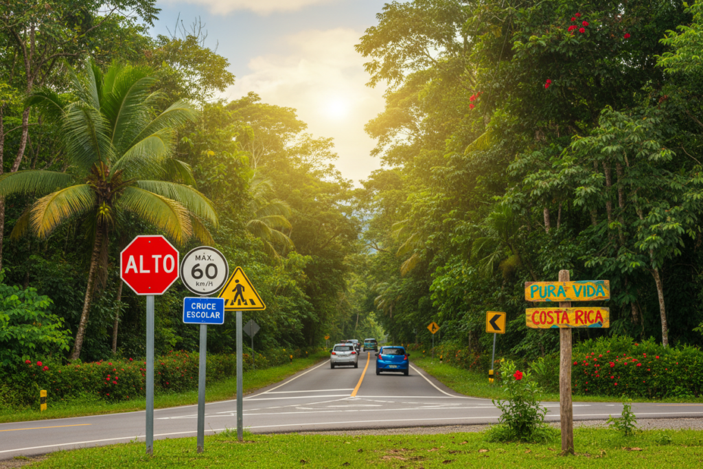 A vivid depiction of Costa Rica's road rules and traffic signs, set against a lush tropical background. In the foreground, brightly colored traffic signs, including stop signs, speed limits, and pedestrian crossings, are prominently displayed. In the middle ground, a winding road leads through greenery, with well-defined lane markings visible. A sunlit sky enhances the scene, casting warm, inviting light across the landscape. Capture the essence of Costa Rican driving culture with elements like small vehicles adhering to traffic regulations. To enrich the atmosphere, include small details such as a "Pura Vida Costa Rica" sign nearby, with a backdrop of palm trees and vibrant flora. The composition should evoke a sense of safety and clarity, conveying the importance of understanding these rules for safe driving in Costa Rica.