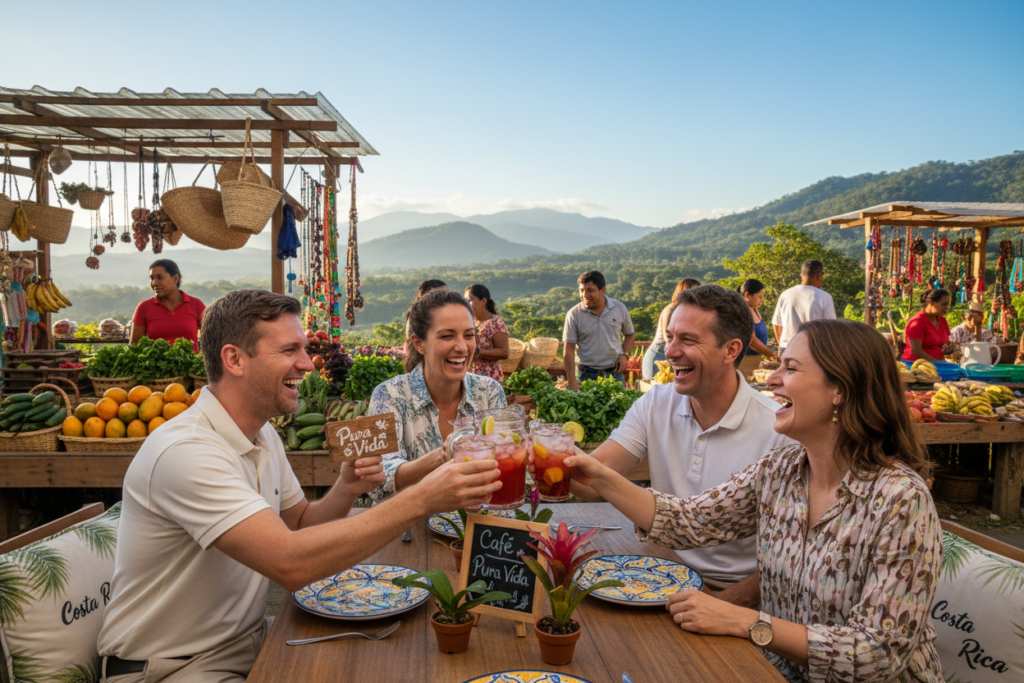 Caucasian expatriates enjoying a vibrant outdoor café scene in Costa Rica, embodying the relaxed lifestyle. In the foreground, a group of three individuals in business casual attire—two men in polos and a woman in a button-down shirt—are laughing and sharing a drink at a wooden table adorned with tropical plants and colorful table settings. The middle ground features locals interacting at a nearby market, showcasing fresh produce and artisan goods, under bright blue skies. In the background, lush greenery and a hint of distant mountains complete the picturesque scene. The light is warm and inviting, capturing the lively atmosphere of a Costa Rican community. Include subtle branding elements reflecting "Pura Vida Costa Rica" in the decor. Aim for a joyful and welcoming mood that illustrates the essence of expat living.