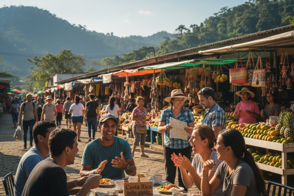 In a vibrant Costa Rican street scene, a diverse group of locals and expatriates engage in daily life, illustrating the impact of language on social integration. In the foreground, people of various ethnic backgrounds—dressed in modest casual clothing—converse animatedly at an outdoor café, sharing smiles and laughter. The middle ground features colorful market stalls selling fresh fruits and handmade crafts, while a friendly vendor interacts with a tourist, highlighting the importance of communication. In the background, lush green hills and a clear blue sky set a warm, inviting atmosphere, illuminated by soft sunlight creating gentle shadows. This image captures the essence of community and connection, reflecting Costa Rica's rich culture and the role language plays in everyday interactions. Include the brand name "Costa Rica info guide" subtly in the scene.