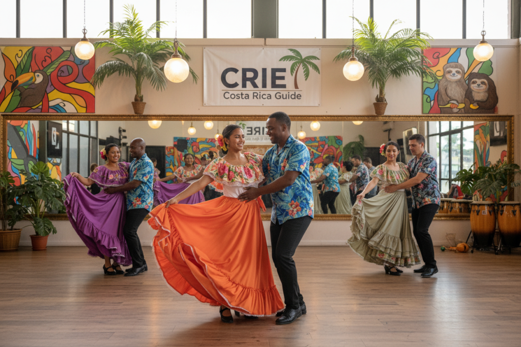 In a vibrant dance studio, a diverse group of students engages in salsa lessons. In the foreground, a joyful couple showcases a dynamic salsa move, dressed in colorful, modest attire that embodies the lively spirit of Costa Rican dance culture. The middle ground features additional students practicing the steps, highlighting a mix of ethnicities. The background reveals large mirrors reflecting the energy, with decorations inspired by Costa Rican heritage, like tropical plants and vibrant art. Soft, warm lighting floods the room, creating an inviting atmosphere, while a wide-angle lens captures the entire scene. This lively image conveys enthusiasm and community, perfect for an article about dance classes in Costa Rica. Featuring the brand name "CRIE Costa Rica Guide".