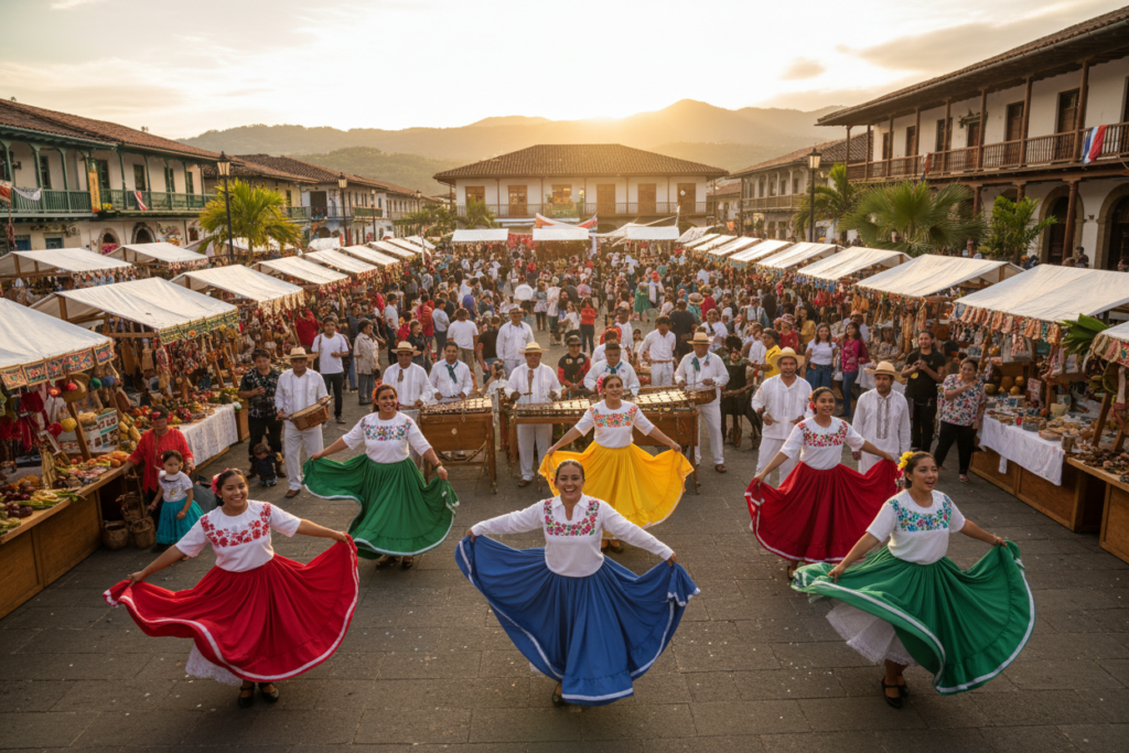 Vibrant Costa Rican festival celebrations unfold in a lively plaza, filled with jubilant locals dressed in colorful traditional attire, including bright embroidered shirts and flowing skirts. In the foreground, a group of people joyfully dances to the lively rhythms of marimba music, their faces beaming with happiness. In the middle ground, beautifully decorated wooden stalls showcase local crafts and cuisine, with colorful banners waving gently in the warm sunlight. The background reveals a picturesque mix of lush greenery and historical buildings, bathed in golden hour lighting, creating an inviting atmosphere. The image conveys a sense of community spirit and cultural pride, celebrating Costa Rica's rich heritage, ideal for illustrating the cultural impact of bullfighting a la Tica. This scene captures the essence of community celebrations, as seen in the Costa Rica info guide.