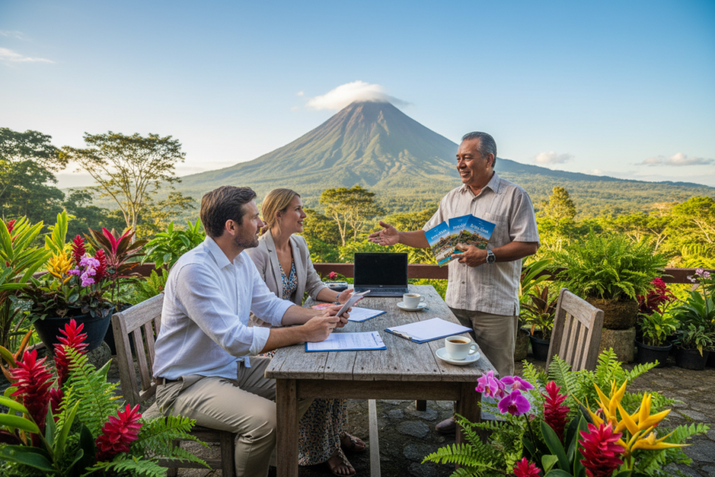 a serene Costa Rican landscape featuring lush greenery and vibrant flora in the foreground, with a professional Caucasian couple in modest business casual attire engaged in a discussion over residency options, sitting at a rustic wooden table. In the middle ground, a friendly local expert with a warm smile provides guidance, surrounded by brochures labeled "Pura Vida Costa Rica." The background showcases panoramic views of the iconic Arenal Volcano, under a clear blue sky with soft, warm sunlight illuminating the scene. Capture this moment from a slightly elevated angle for depth, evoking a mood of optimism and opportunity, ideal for understanding the residency options available in Costa Rica.