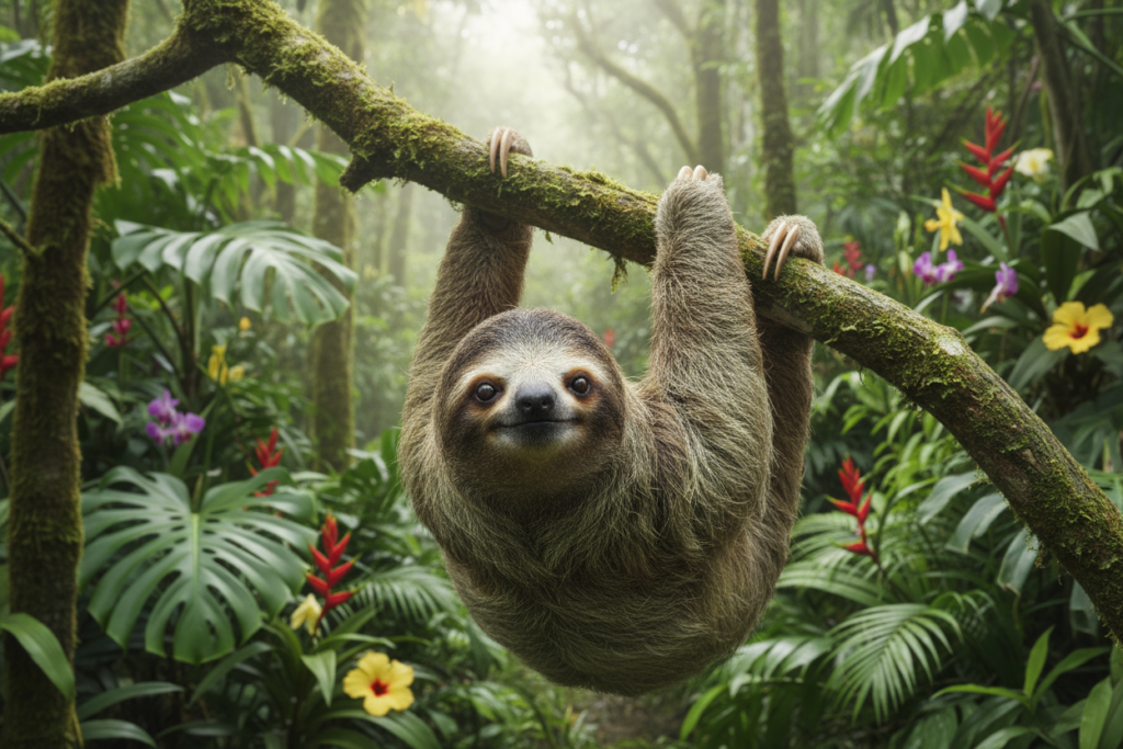 A Costa Rican sloth hanging lazily from a vibrant green tree branch in the heart of a lush rainforest. In the foreground, the sloth's fur is detailed with rich brown and gray tones, its large, expressive eyes peering curiously at the viewer. The middle layer showcases lush foliage, with a variety of tropical plants and colorful flowers, creating a vivid backdrop. In the background, soft, dappled sunlight filters through the thick canopy, casting a gentle glow that enhances the serene atmosphere. Use a shallow depth of field to keep the focus on the sloth while slightly blurring the vibrant greenery. Capture the mood of tranquility and the rich biodiversity of the rainforest. This image is for Costa Rica info guide, without any logos or watermarks.