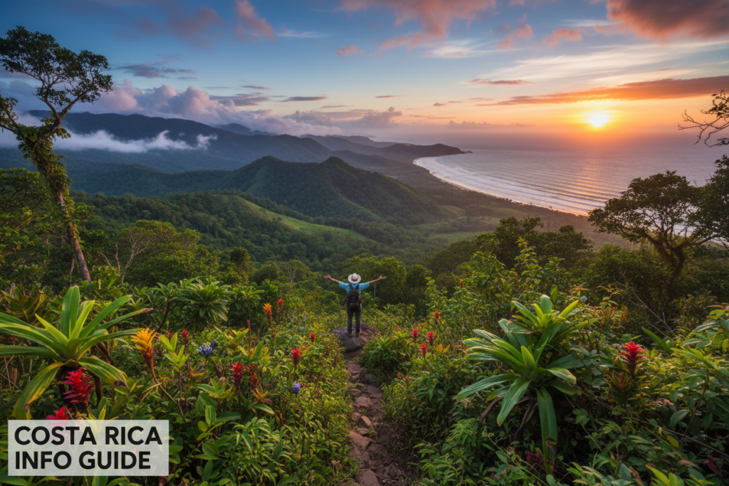 A breathtaking vista showcasing the diverse climate zones of Costa Rica, featuring a lush tropical rainforest in the foreground, vibrant with greenery and colorful flora. Transitioning to a mountainous region in the middle ground, with rolling hills and a clear blue sky that shifts to cloudy highlights, indicating varied weather patterns. In the background, depict shimmering coastal views with gentle waves and a brilliant sunset, casting warm orange and purple tones. Use dramatic lighting to emphasize the atmospheric shifts and create depth. Capture the mood of exploration and wonder, highlighting the natural beauty and ecological richness of Costa Rica. Include subtle elements like a person dressed in casual outdoor attire admiring the landscape, enhancing the connection to nature. The image should evoke a sense of adventure, reflecting the theme of discovery in Costa Rica's unique climate landscape. Costa Rica info guide.