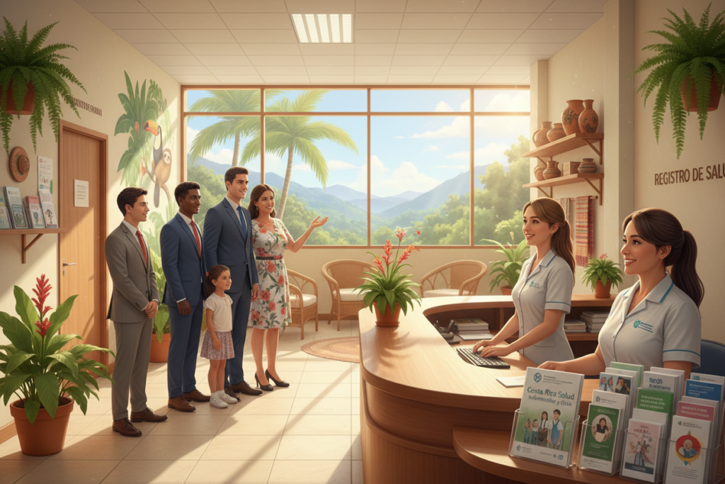A bright and inviting scene depicting a healthcare registration office in Costa Rica. In the foreground, a diverse group of people, dressed in professional business attire and modest casual clothing, are engaging with a friendly healthcare officer behind a reception desk filled with informative brochures. The middle ground showcases a welcoming environment with colorful Costa Rican decor and potted plants, suggesting a warm, community-focused atmosphere. In the background, large windows allow natural light to flood the space, enhancing the feeling of openness. The image captures a sense of hope and accessibility, with warm tones and soft shadows, emphasizing the importance of registering for healthcare services in a vibrant, peaceful Costa Rican setting. Costa Rica info guide.