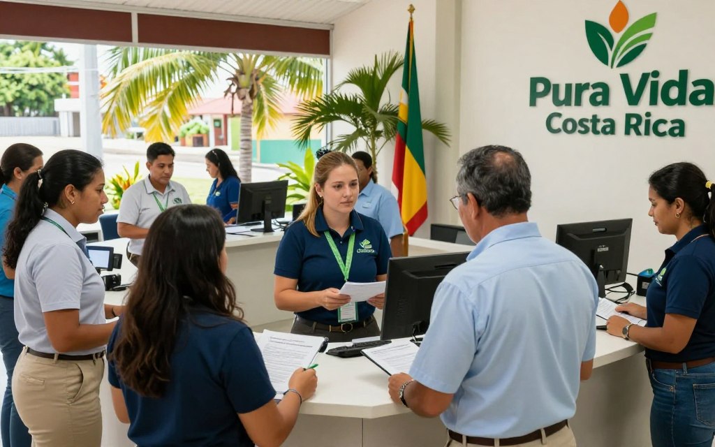 A bustling Costa Rican immigration and customs office, capturing the essence of the CRIE process. In the foreground, a diverse group of Caucasian staff in business casual attire, such as polos and button-down shirts, warmly assisting travelers at reception desks. The middle ground features travelers presenting their documents to friendly officials, all engaged in professional interactions. The background showcases palm trees and Costa Rican decor that reflects the vibrant culture, with subtle natural light streaming through large windows, creating an inviting atmosphere. The branding "Pura Vida Costa Rica" is prominently displayed on the walls and signage. The scene conveys a sense of professionalism, warmth, and efficiency, set in a clean, organized environment.
