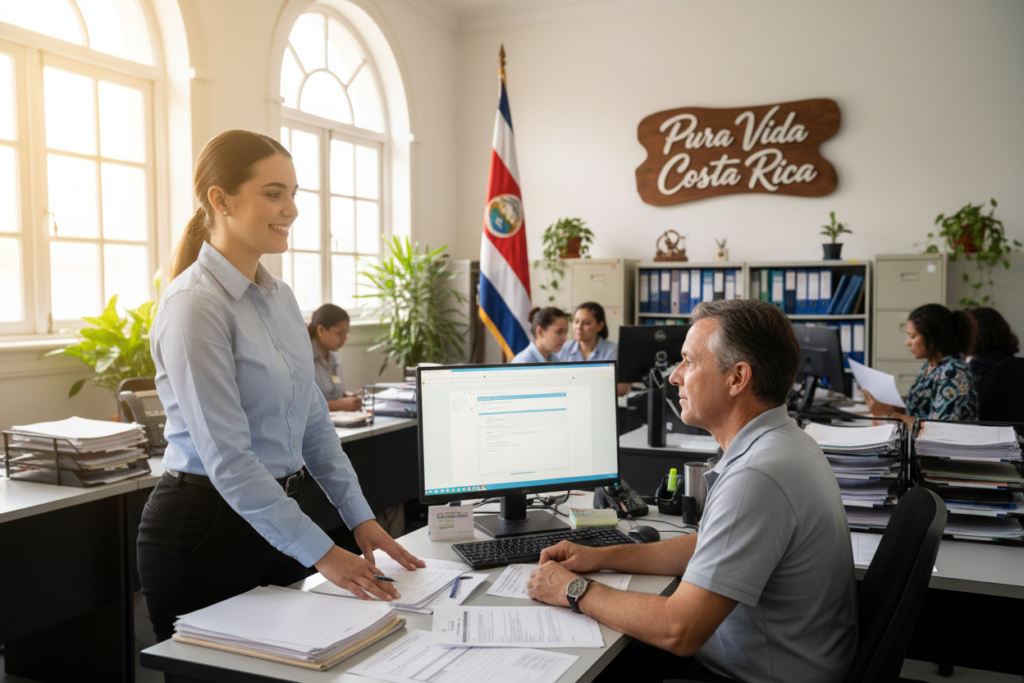 A busy government office in Costa Rica, focusing on the DIMEX residency card renewal process. In the foreground, an attentive young Caucasian female employee in business casual attire, equipped with a friendly smile, assisting a middle-aged Caucasian man dressed in a polo shirt. They are surrounded by paperwork and a computer displaying forms. In the middle ground, a professional backdrop includes a Costa Rican flag and a sign stating "Pura Vida Costa Rica," emphasizing the positive atmosphere. Soft, natural lighting streams in through large windows, creating a warm and welcoming environment. The image captures a sense of diligence and cooperation, reflecting the important process of residency renewal. The angle is slightly elevated, offering a complete view of the workspace without clutter or distractions.