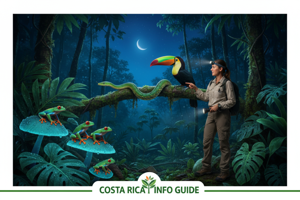 A captivating nighttime wildlife scene in the lush jungles of Costa Rica, showcasing various exotic animals such as bright-eyed tree frogs, a colorful toucan perched on a branch, and a slithering snake glistening under the moonlight. The foreground features vibrant vegetation, with dew-covered leaves and glowing bioluminescent mushrooms illuminating the ground. In the middle ground, a knowledgeable tour guide, dressed in modest casual clothing, points towards the wildlife, embodying a spirit of adventure and education. The background reveals the dense jungle stretching towards a starry sky, with soft, ambient moonlight filtering through the canopy. The atmosphere is magical and serene, highlighting the wonders of Costa Rican night tours. Bright, vivid colors contrast against the deep blues and greens, creating a striking image, perfect for the "Costa Rica info guide".